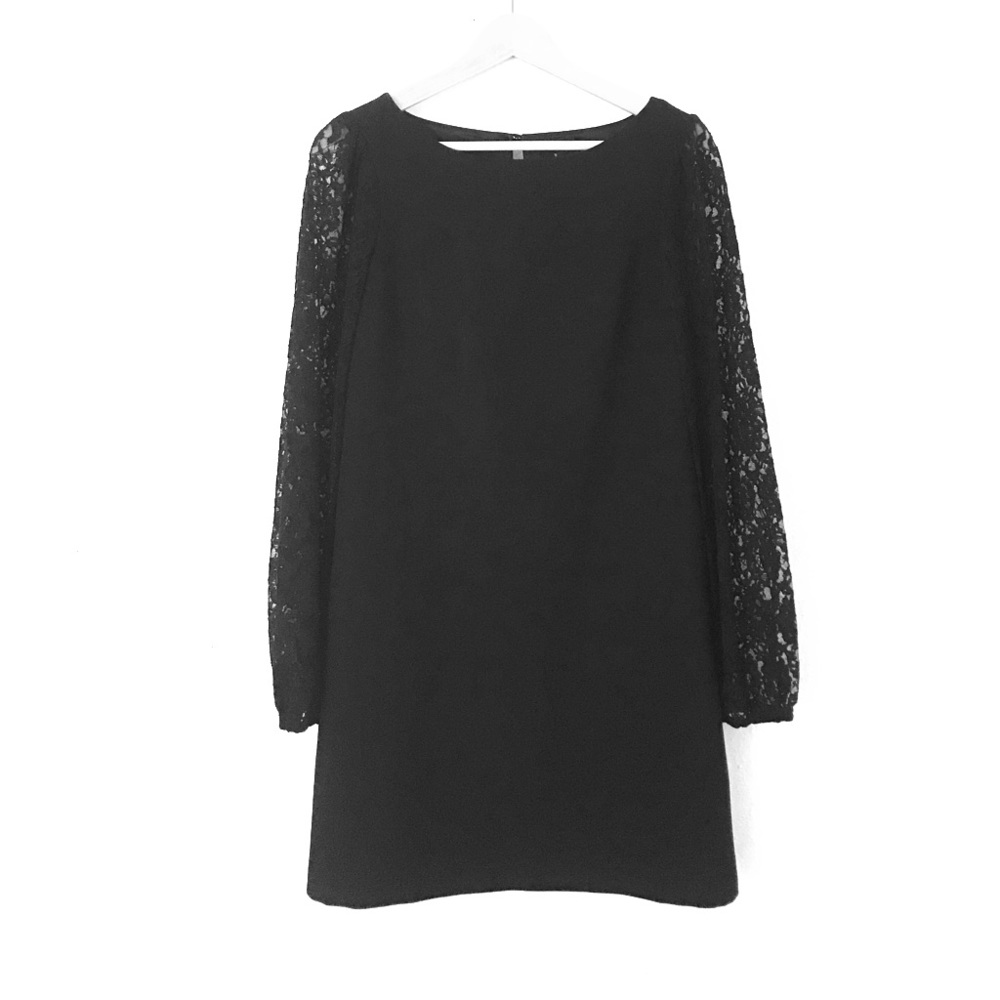 Lace-sleeved little black dress